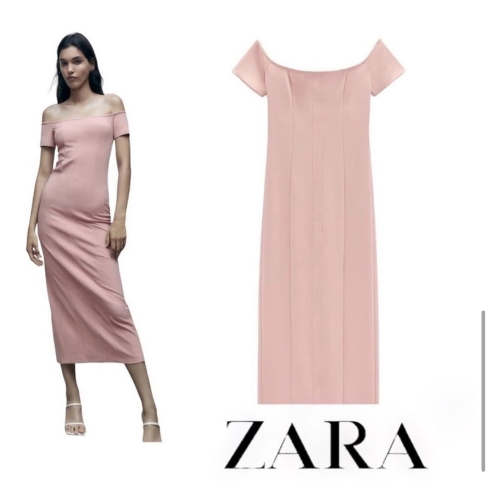 ๐(NWT) ZARA Bloggers Fav Blush Pink Off-The-Shoulder Sheath Midi/Maxi Dress. LG - Picture 6 of 15